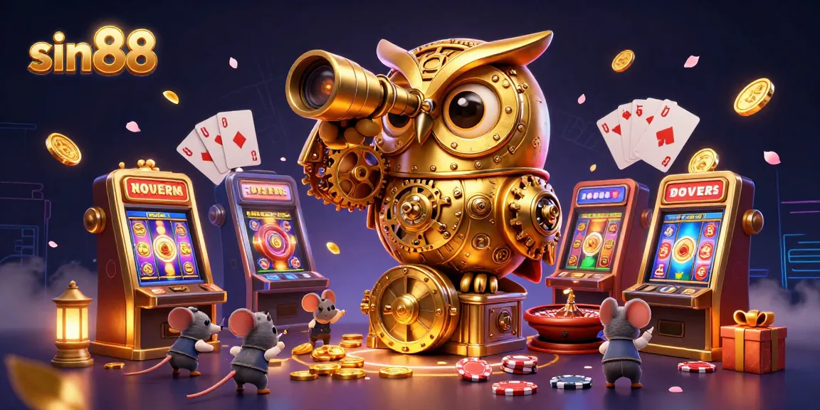 Win big at sin88 with an enchanting scene featuring a golden owl and vibrant slot games.