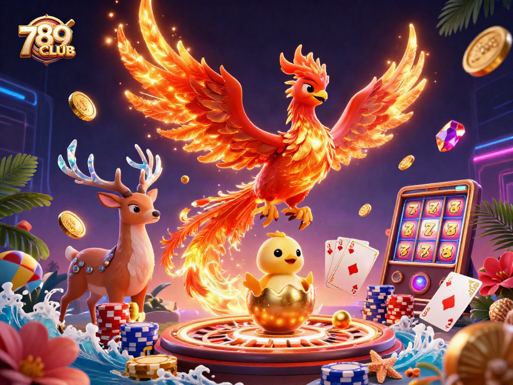 Win with 789CLUB as the dazzling phoenix soars above golden treasures in a magical casino realm.