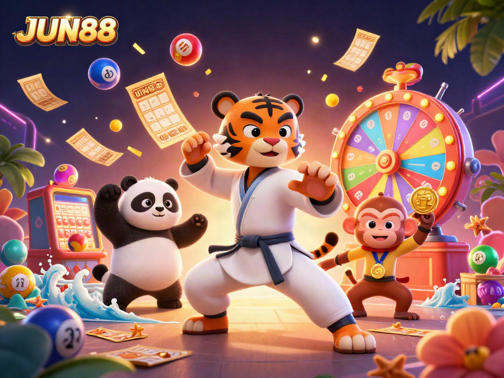 Experience exciting gaming moments with JUN88, featuring dynamic casino elements and vibrant characters.