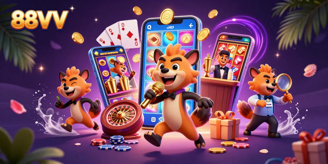 88VV hyenas running a comedy casino with vibrant games and energetic atmosphere.