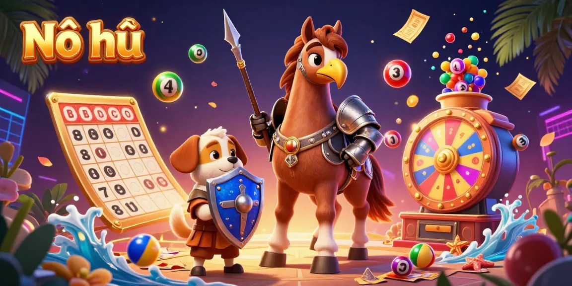 Nổ hũ gaming scene with a knight, puppy, and falcon amidst vibrant lottery elements.