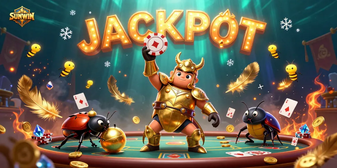 SUNWIN jackpots await in this dynamic casino scene featuring a heroic beetle Spartans, poker elements, and glimmers of golden tokens.