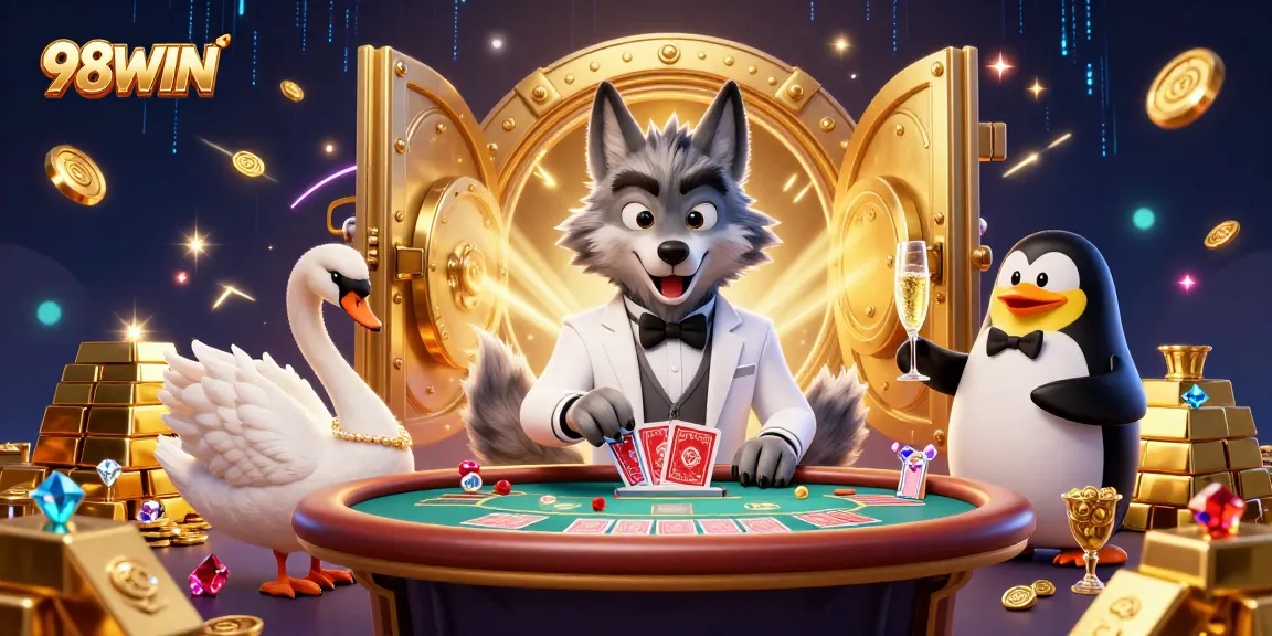 Experience 98WIN's thrilling baccarat scene with rich gold and glamorous casino details.