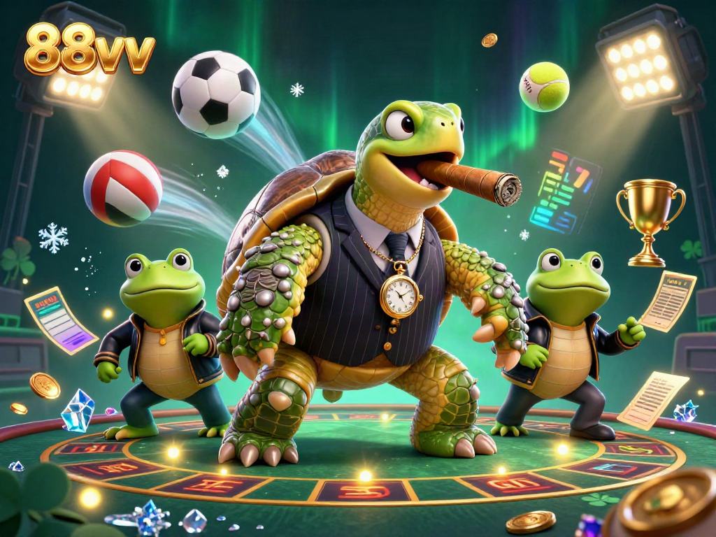 Experience the thrill of 88vv with a unique 3D cartoon scene featuring a mobster turtle and frog enforcers.