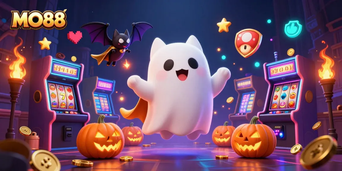 Engage with MO88's thrilling casino adventure featuring a ghost cat and vibrant gaming elements.