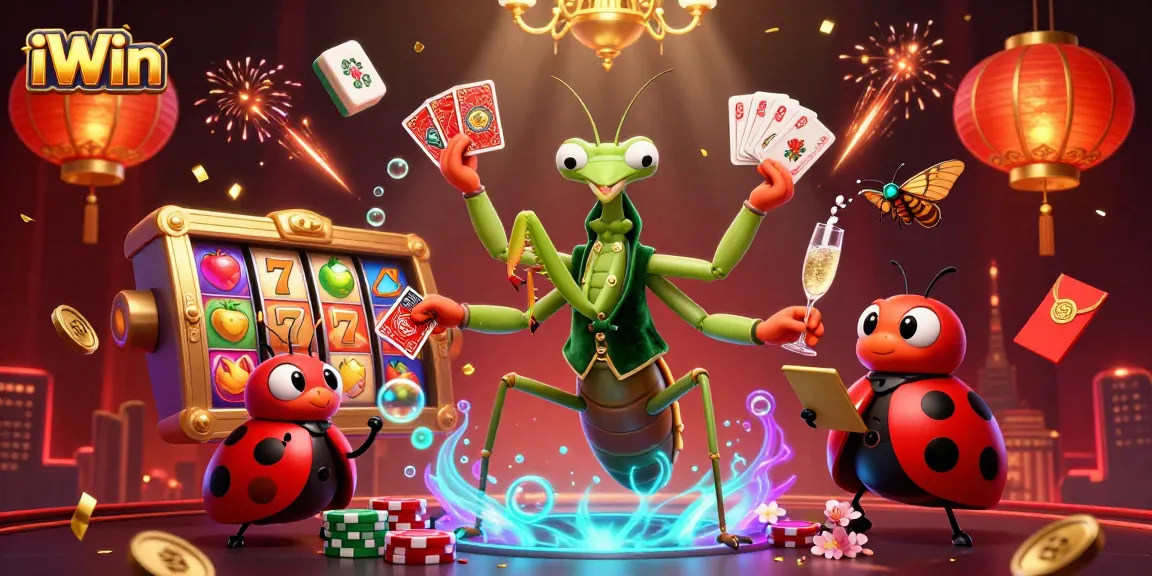 Engage in iWin's vibrant casino atmosphere with animated characters, spinning slot reels, and festive decorations.