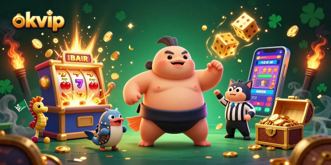 Engage in thrilling gameplay with OKVIP's underwater casino scene featuring animated characters and vibrant slot machines.