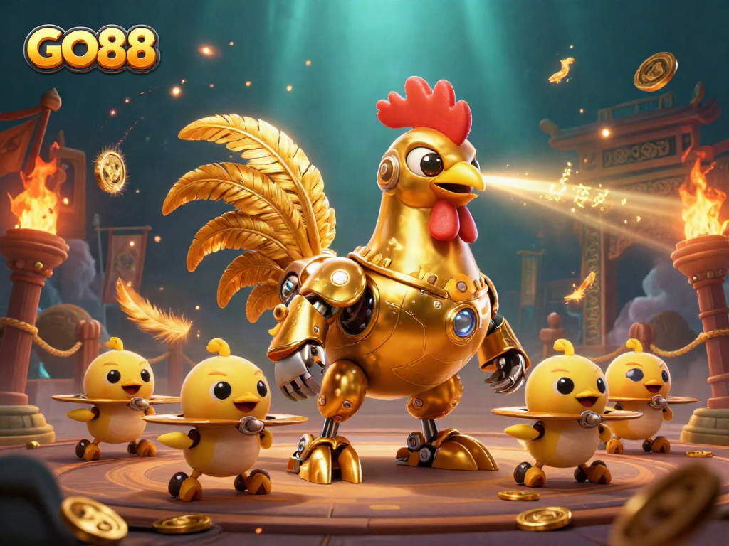 Engage with GO88's thrilling gaming experience featuring a golden rooster robot and dynamic casino elements.