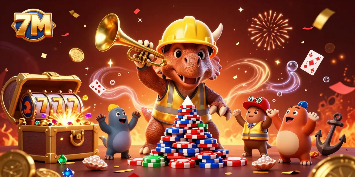 Engage in thrilling casino action with 7M as cartoon dinosaurs celebrate in a lively gaming scene.