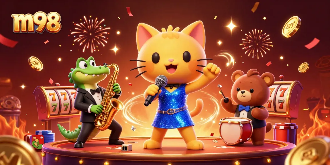Engage with m98 online casino fun in a vibrant 3D cartoon scene featuring lively characters and exciting gaming elements.