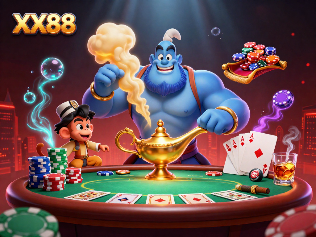 Engage with exciting poker action at XX88 with a stunning 3D scene featuring colorful casino elements.