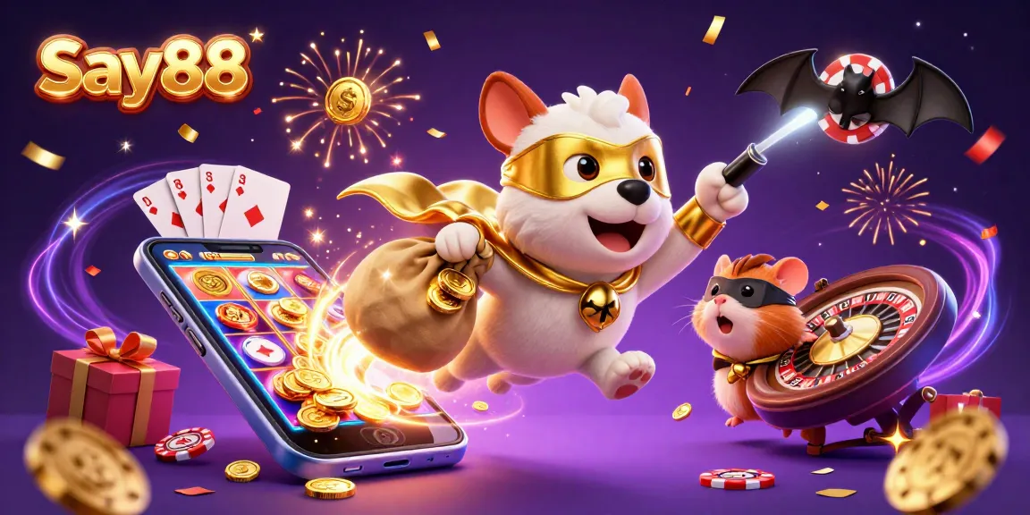 Experience thrilling gameplay with Say88 as a superhero dog and sidekick explore casino treasures