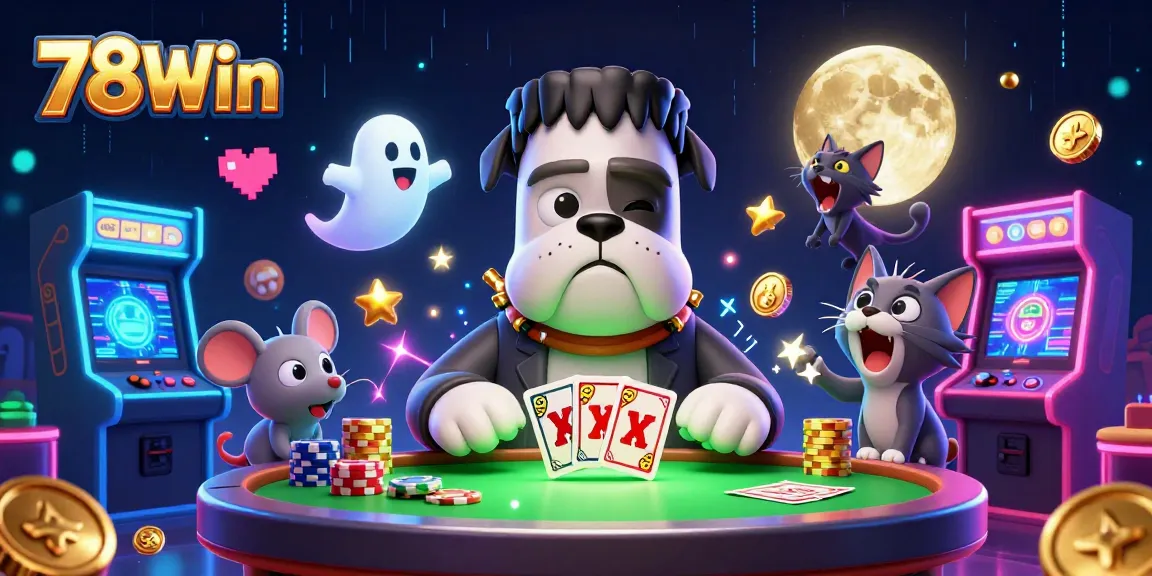Experience thrilling gaming action with 78Win as the Frankenstein bulldog dealer and ghost mouse entertain at the casino table.