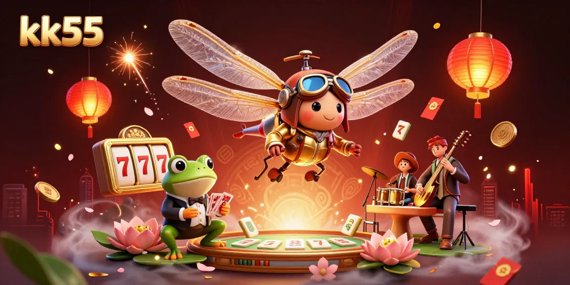 Engage in thrilling gameplay with kk55 at a vibrant casino featuring a frog dealer and dragonfly pilot.