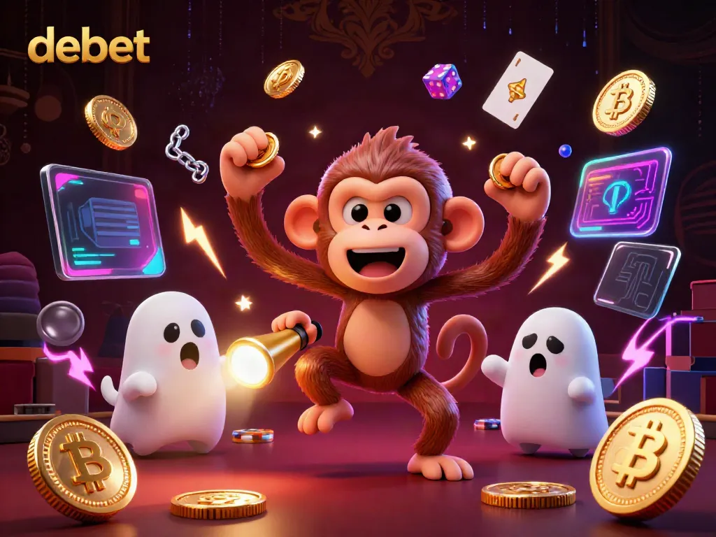 Experience the thrill of debet with a playful ghost-hunter puppy tracking a mischievous poltergeist monkey in a vibrant casino.