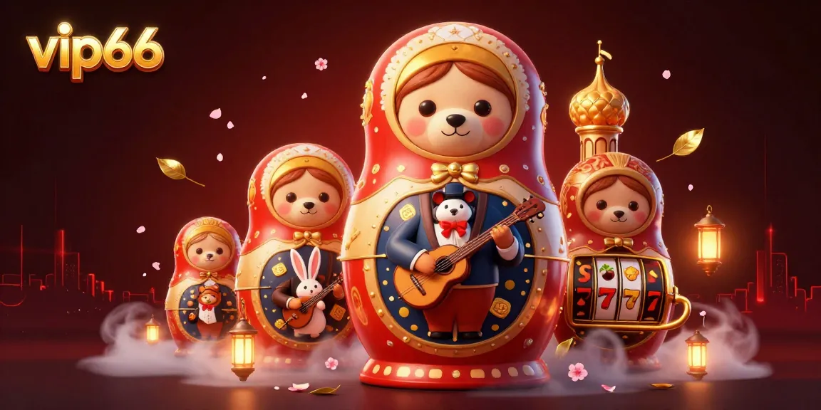 Engage with vip66's dynamic 3D casino scene featuring festive bears and golden gaming elements.