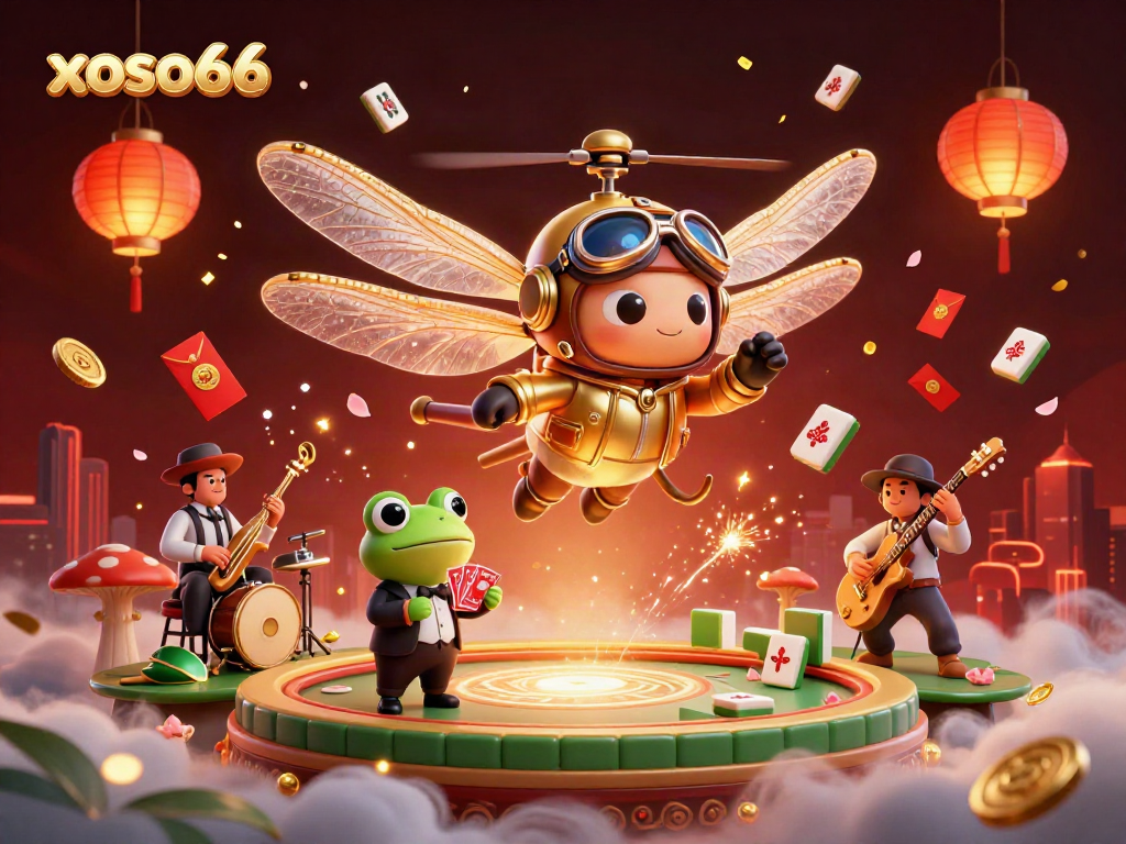 Engage with xoso66 in a vibrant 3D casino scene featuring a dragonfly pilot and musical frog croupier.