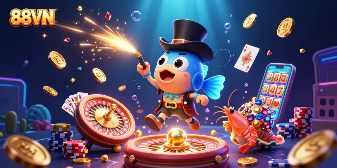 Engage with 88VN in this vibrant illustration featuring a glowing anglerfish attracting golden coins in a casino-themed underwater adventure.