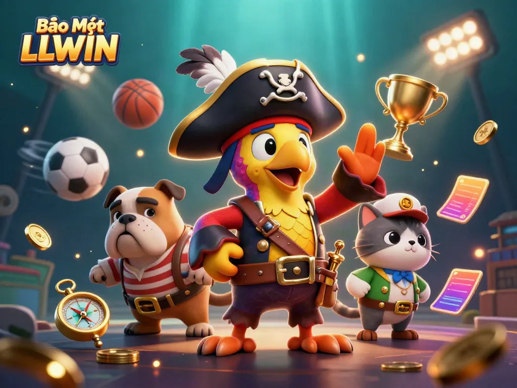 Enhancing Bảo Mật LLWIN, a dynamic scene with pirate characters amidst sports elements for an engaging online casino experience.