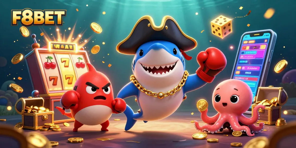 Join F8BET's thrilling adventure with playful cartoon characters amidst a winning slots celebration!