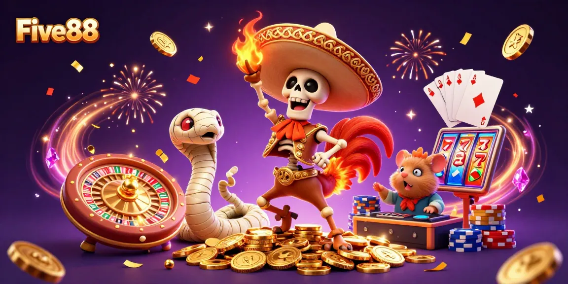 Experience the excitement of Five88 as luck and golden treasures explode in a vibrant casino celebration.