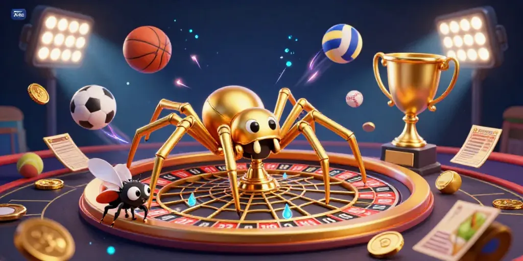 Experience thrilling bets at TK88 with a vibrant 3D casino scene featuring a roulette wheel spun by a golden spider, bringing excitement to your gambling.
