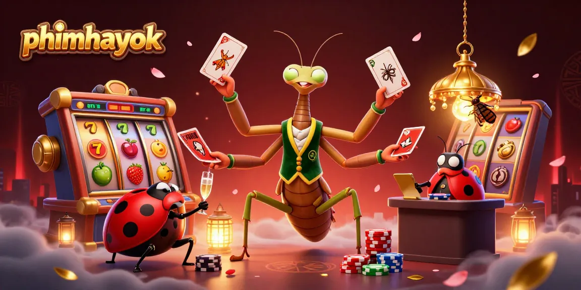 Join the excitement with phimhayok as a giant mantis shuffles cards next to a ladybug boss in this vibrant casino scene.