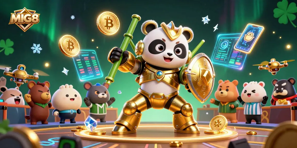 MIG8 showcases action in a vibrant arena with a golden panda robot and crypto elements, enhancing gamers' excitement.