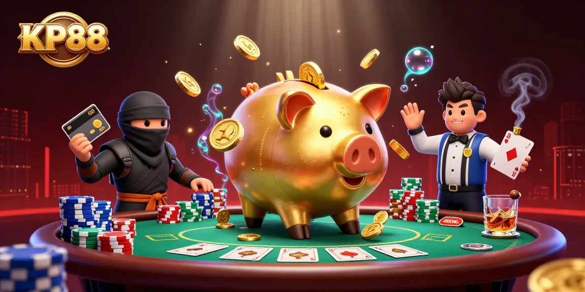 Engage in thrilling action at KP88 with a cartoon sumo wrestler and a wallet-ninja amidst poker excitement.