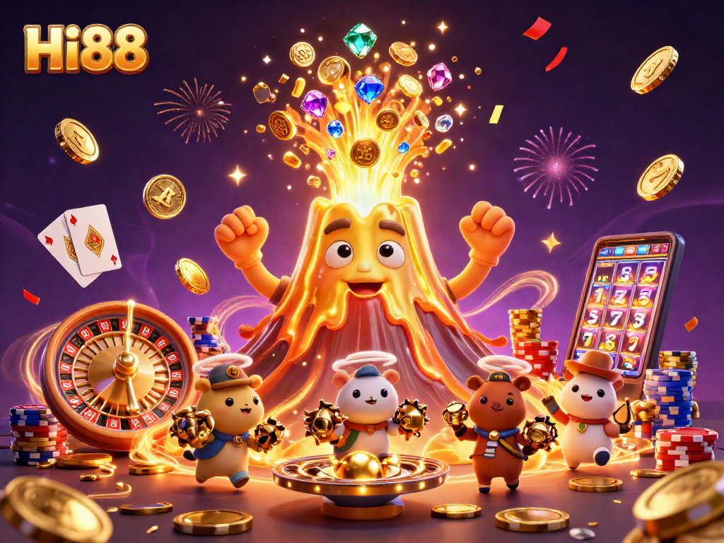 Hi88 allows players to win big with a vibrant 3D casino illustration showcasing colorful gems and coins.
