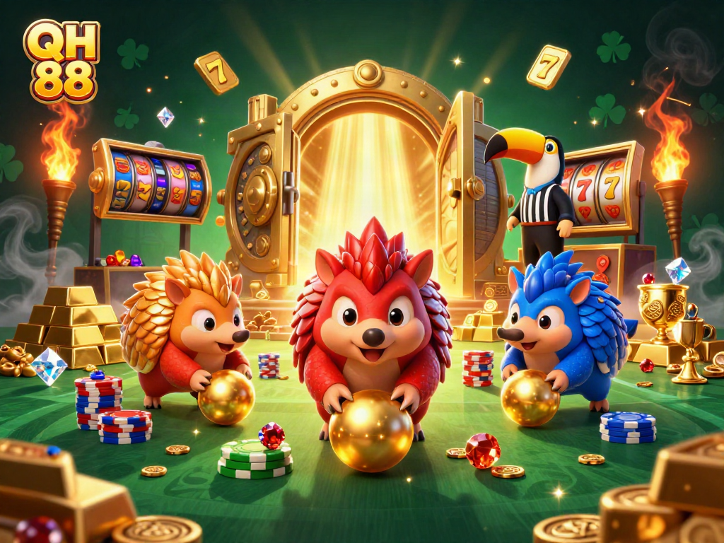 QH 88 casino pangolins rolling golden balls and chips in a dynamic gambling scene.