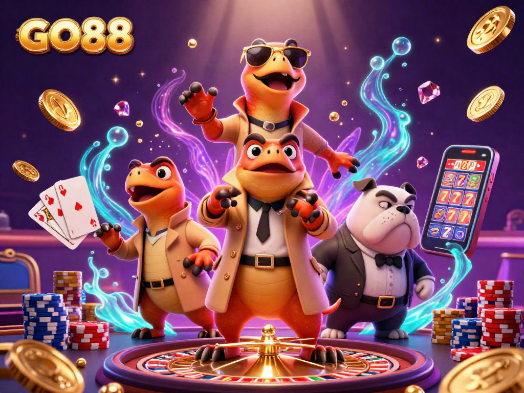GO88 raptors sneak into VIP casino with golden coins and poker elements flying around