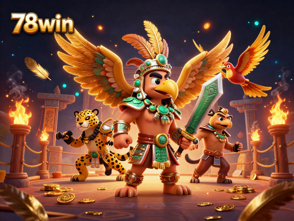 Engage with thrilling casino games at 78win, featuring vibrant warriors and golden tokens.