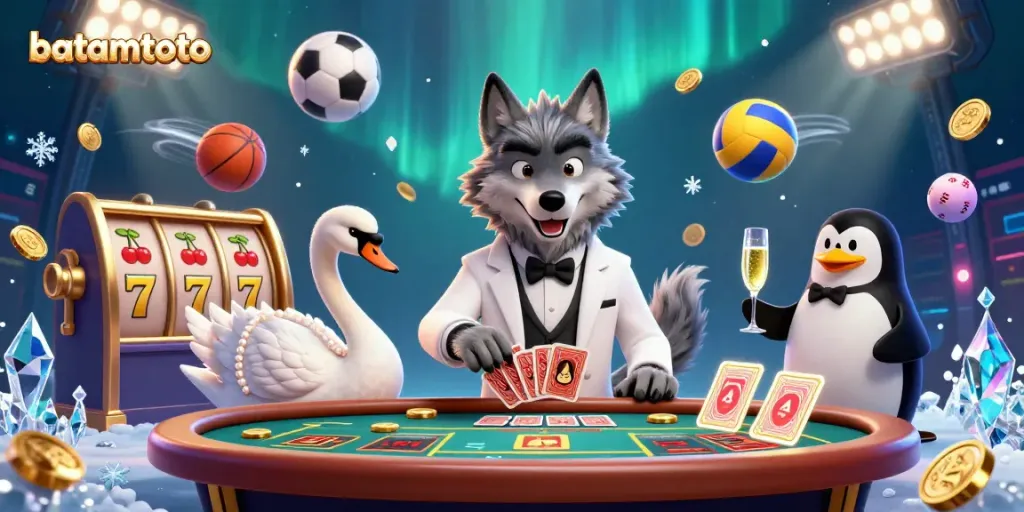 Experience thrilling gaming at batamtoto with our vibrant 3D casino illustration showcasing wolves, swans, and penguins.