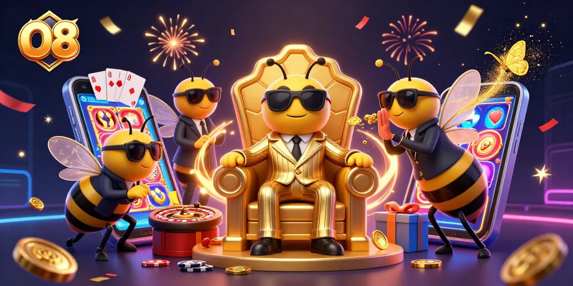 Play thrilling slot games with O8, featuring a cartoon mob boss among vibrant casino elements.
