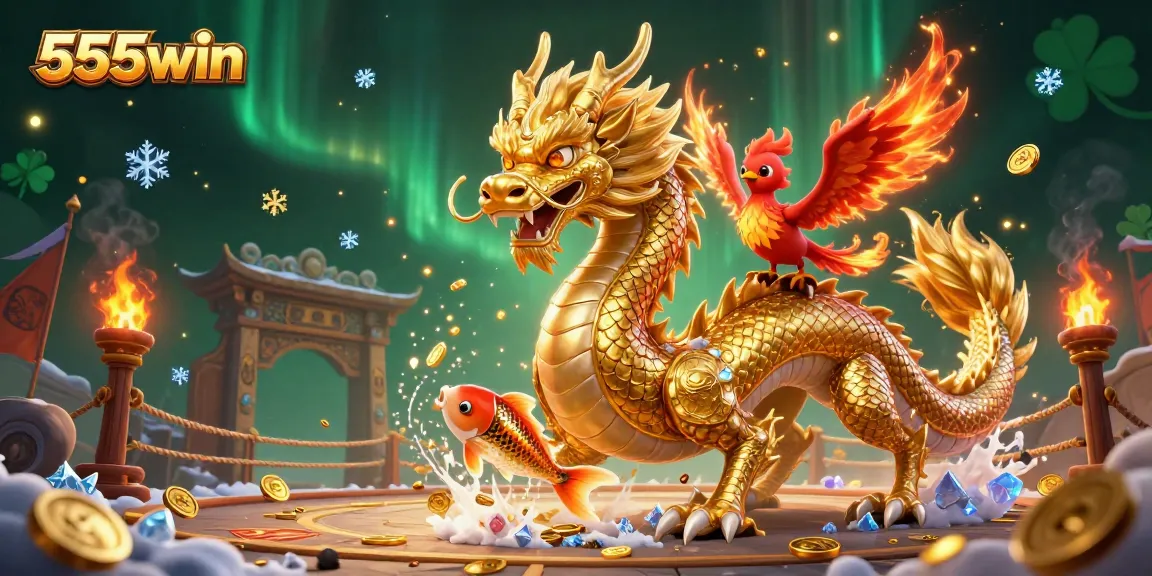 Experience thrilling gameplay with 555win in an energetic casino atmosphere featuring iconic symbols like dragons and coins.