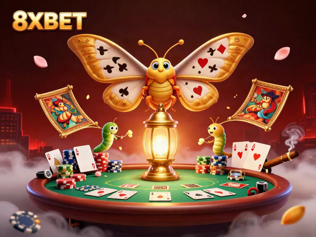 Play and win big at 8XBET with a vibrant casino-themed illustration.