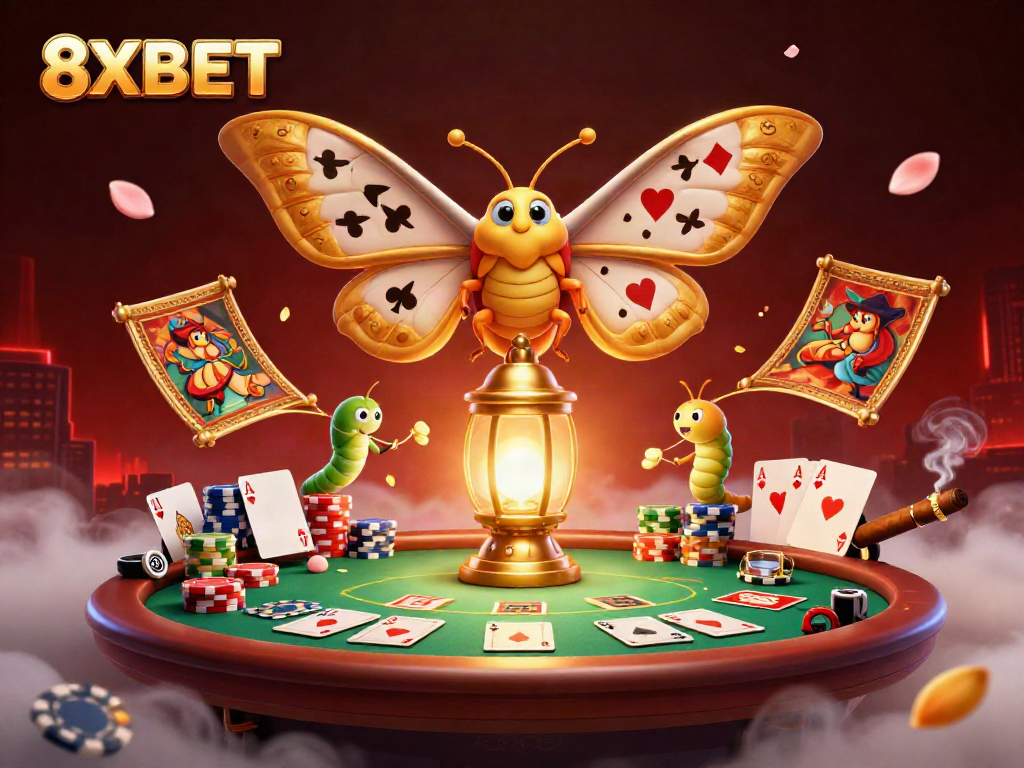 Play and win big at 8XBET with a vibrant casino-themed illustration.