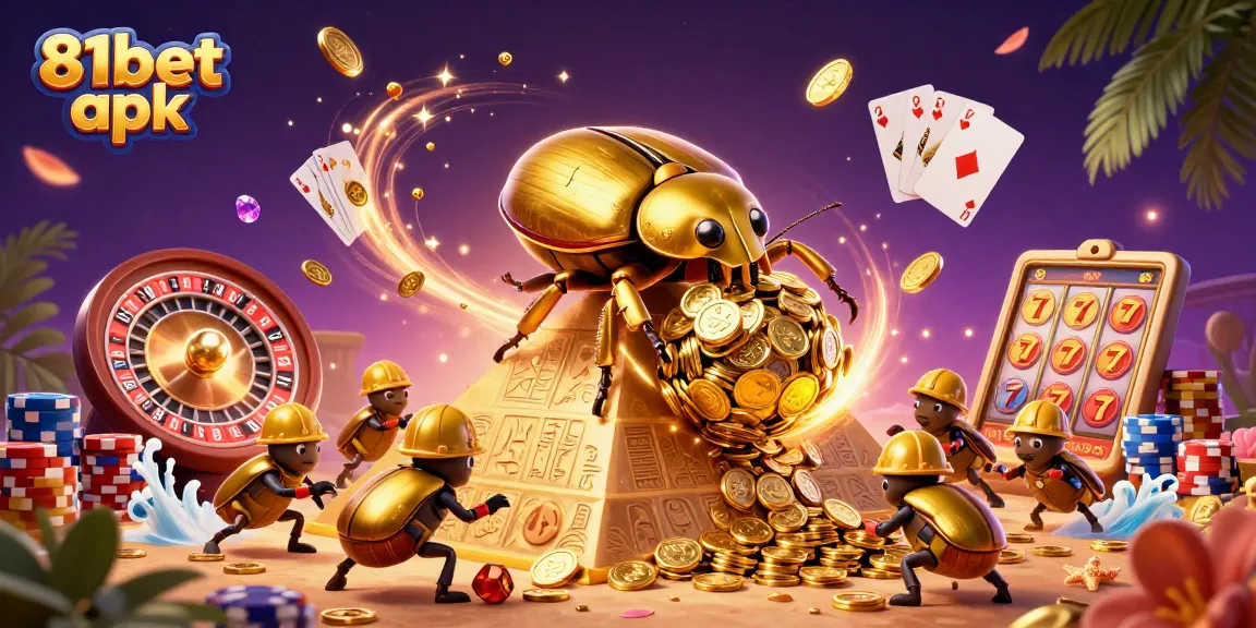 Spin the reels and win with 81bet apk, showcasing vibrant casino elements in a dynamic 3D scene.