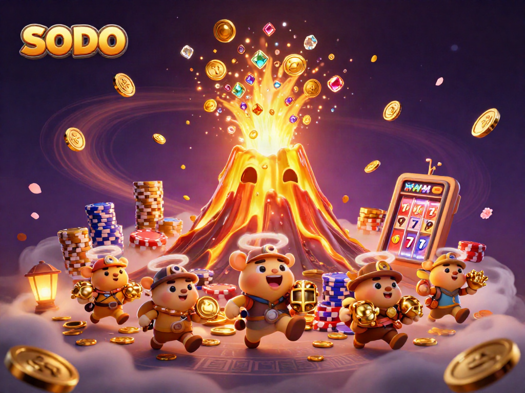 SODO unleashes vibrant treasure in a dynamic 3D casino scene filled with cascading coins and poker chips.