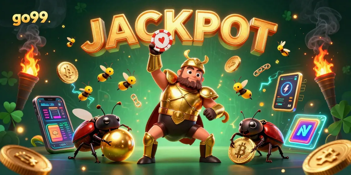 Join the excitement at go99 as the hercules beetle lifts a winning poker chip in a vibrant casino scene.