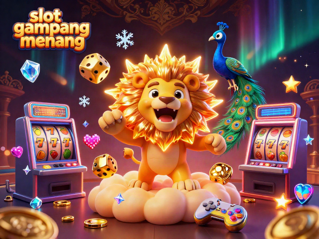 Play and win at slot gampang menang as golden dice tumble and vibrant slot machines illuminate the scene.