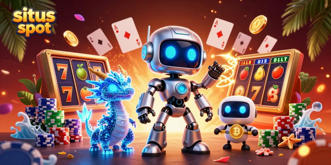 Memainkan situs slot dengan simbol jackpot dan peringkat tinggi yang dikelilingi karakter imut seperti robot dan naga holografik.