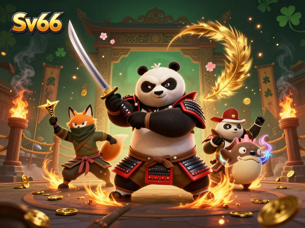 Engage in thrilling betting action with Sv66 in a vibrant casino scene featuring samurai panda and ninja fox!