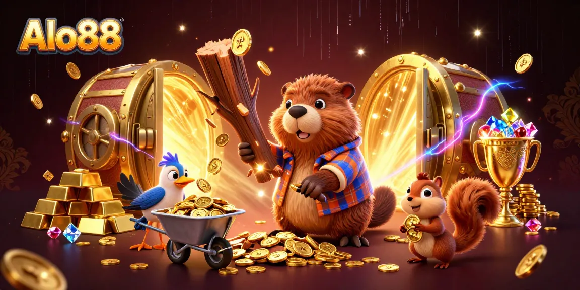 Alo88 features a lively scene with characters celebrating their wins in an online casino setting, showcasing vibrant gambling elements.
