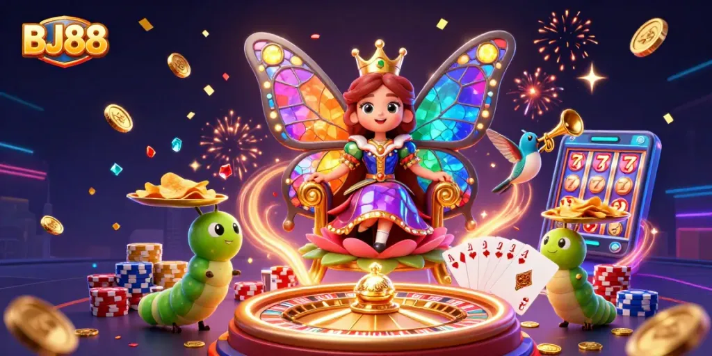 BJ88 game scene showcasing vibrant 3D butterfly queen amidst a cascade of coins and cards