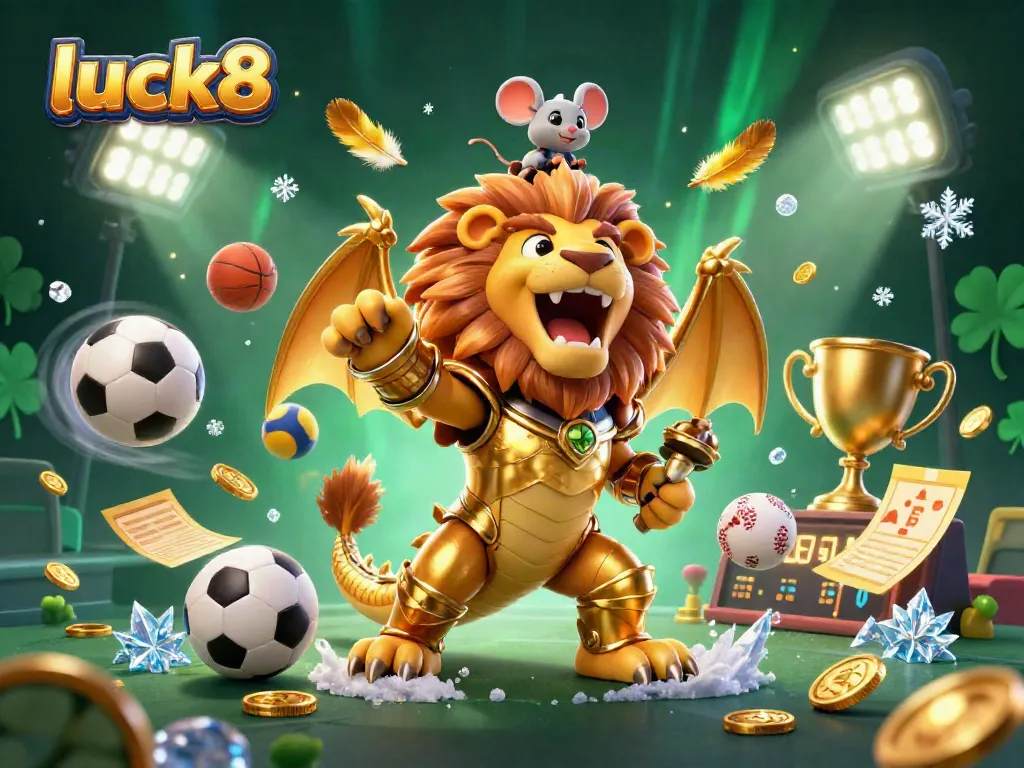 Engage with luck8’s immersive gaming experience showcasing a triumphant chimera and dynamic sports elements.