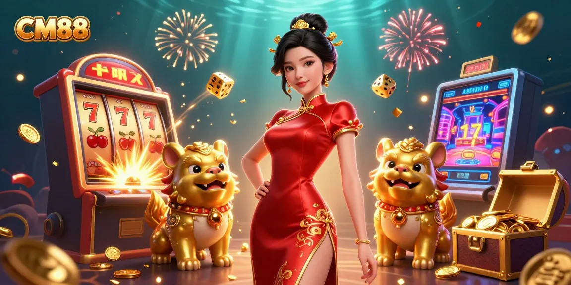 Experience the excitement of CM88 online casino with vibrant 3D illustration of games and characters.