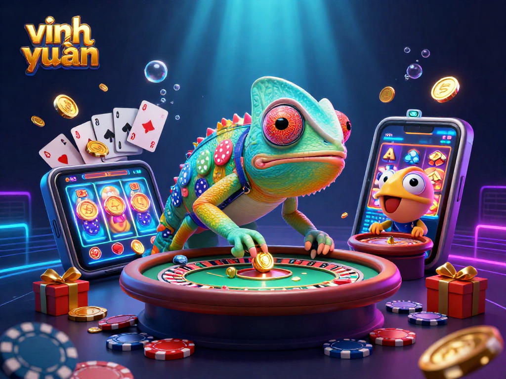 Play exciting vĩnh xuân with vibrant chameleon character and casino elements erupting in action.