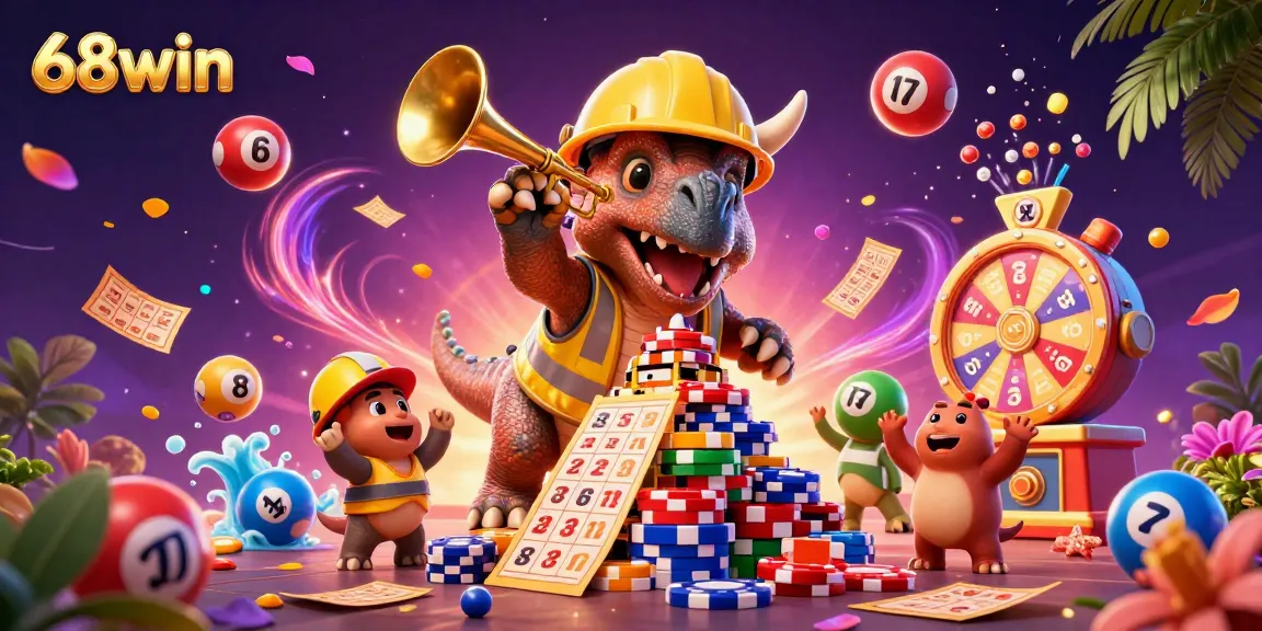 68win celebrates with a vibrant 3D scene of cartoon dinosaurs amidst casino games and colorful lottery elements.